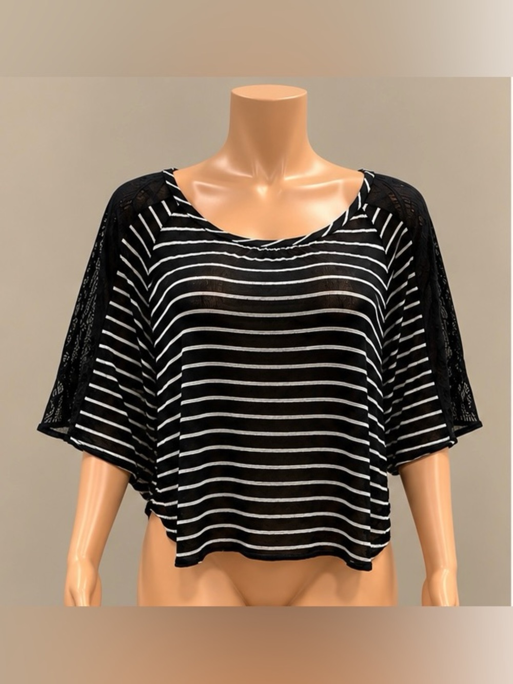 Black White Striped Lightweight Knit Batwing Top Lace Sleeve XS